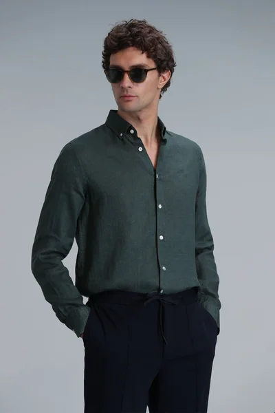 Pitaya Erkek Keten Gömlek Comfort Fit Yeşil
