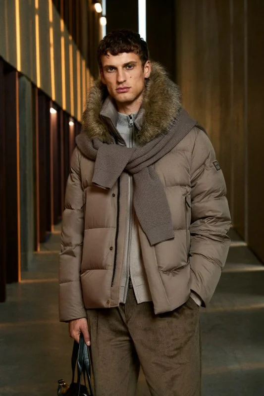 Josep Men's Goose Down Puffer Jacket with Detachable Fur-Trimmed Hood Earth Brown