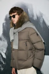 Josep Men's Goose Down Puffer Jacket with Detachable Fur-Trimmed Hood Earth Brown