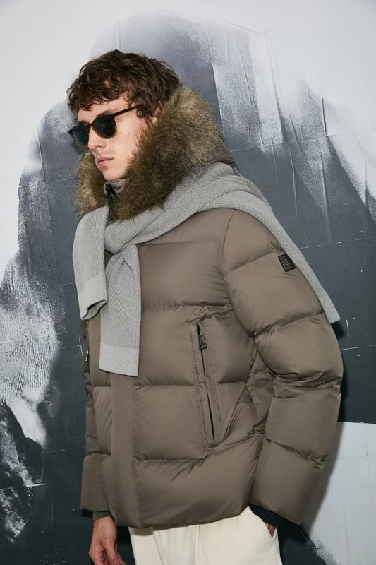 Josep Men's Goose Down Puffer Jacket with Detachable Fur-Trimmed Hood Earth Brown