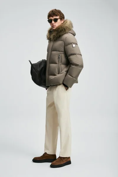 Josep Men's Goose Down Puffer Jacket with Detachable Fur-Trimmed Hood Earth Brown