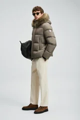 Josep Men's Goose Down Puffer Jacket with Detachable Fur-Trimmed Hood Earth Brown