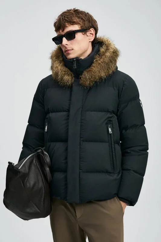 Josep Men's Goose Down Puffer Jacket with Detachable Fur-Trimmed Hood Black