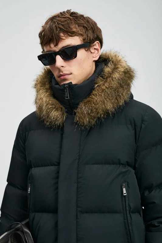 Josep Men's Goose Down Puffer Jacket with Detachable Fur-Trimmed Hood Black