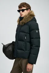 Josep Men's Goose Down Puffer Jacket with Detachable Fur-Trimmed Hood Black