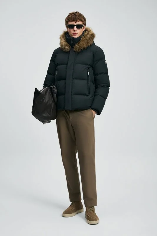 Josep Men's Goose Down Puffer Jacket with Detachable Fur-Trimmed Hood Black