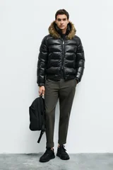 Jeam Men's Fur-Trimmed Goose Down Shiny Puffer Jacket Black