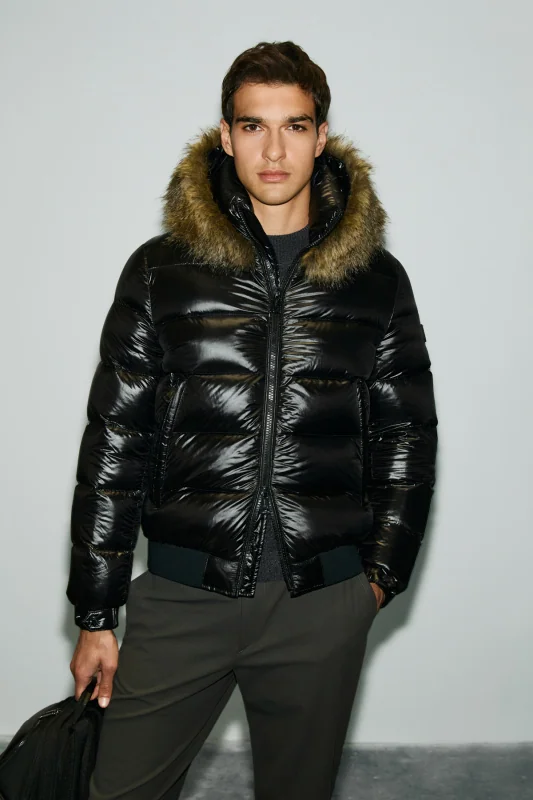 Jeam Men's Fur-Trimmed Goose Down Shiny Puffer Jacket Black