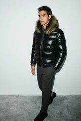 Jeam Men's Fur-Trimmed Goose Down Shiny Puffer Jacket Black