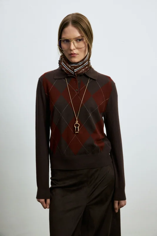 Luna Wool Blend Polo Collar Knit Sweater Brown