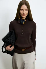 Geni Wool Blend Polo Collar Knit Sweater Brown