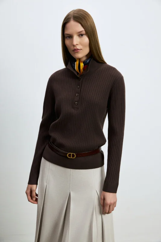Geni Wool Blend Polo Collar Knit Sweater Brown
