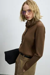 Geni Wool Blend Polo Collar Knit Sweater Light Brown