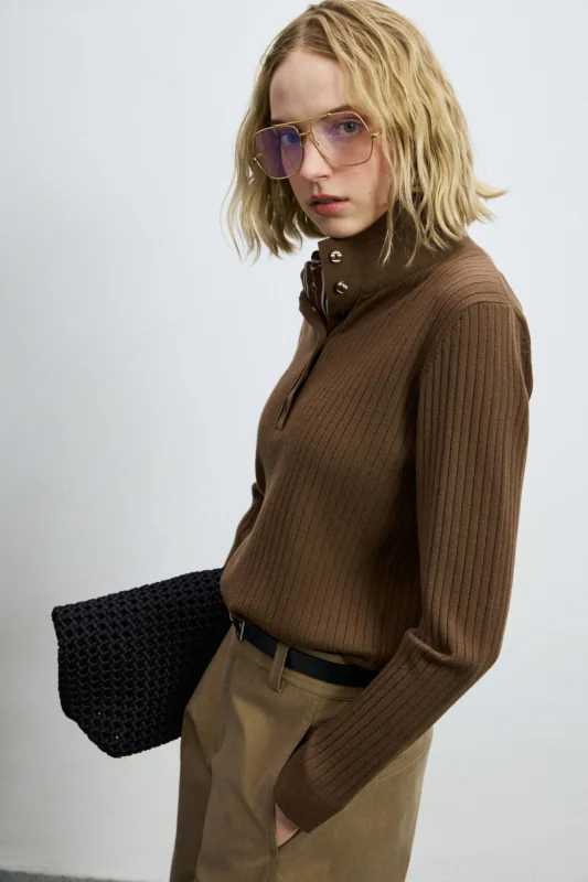 Geni Wool Blend Polo Collar Knit Sweater Light Brown
