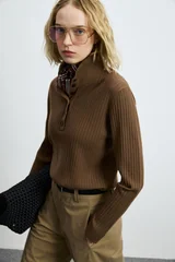 Geni Wool Blend Polo Collar Knit Sweater Light Brown