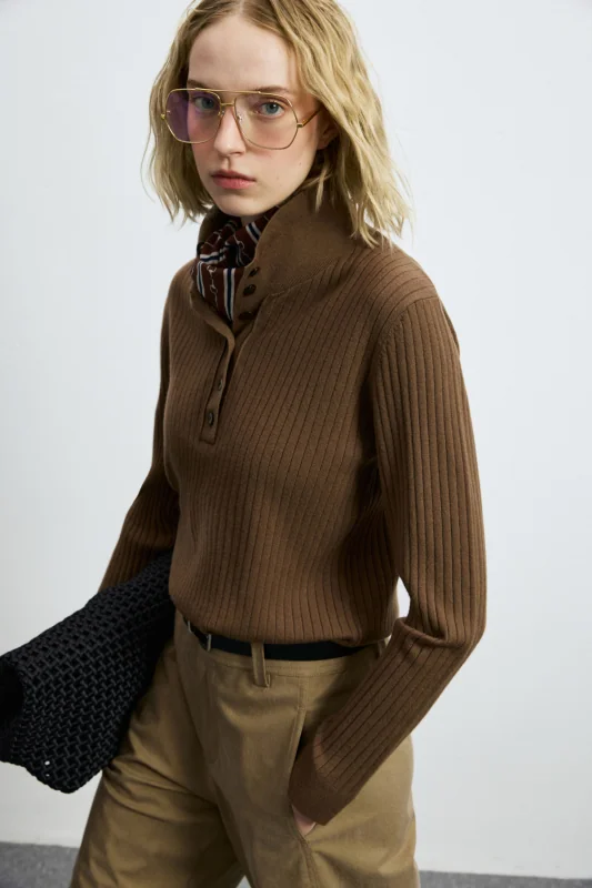 Geni Wool Blend Polo Collar Knit Sweater Light Brown