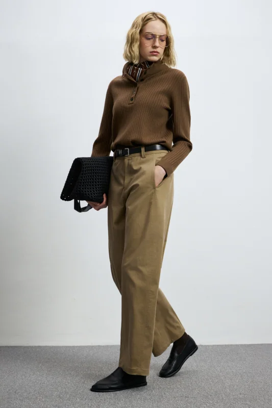 Geni Wool Blend Polo Collar Knit Sweater Light Brown