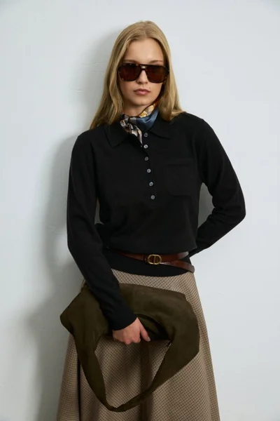Laura Wool Blend Polo Collar Knit Sweater Black