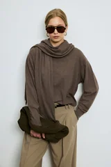 Mary Wool Blend Knit Sweater with Detachable Shawl Detail Light Brown
