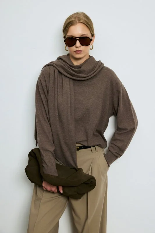 Mary Wool Blend Knit Sweater with Detachable Shawl Detail Light Brown