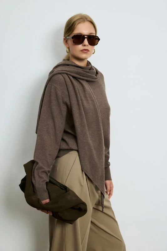 Mary Wool Blend Knit Sweater with Detachable Shawl Detail Light Brown