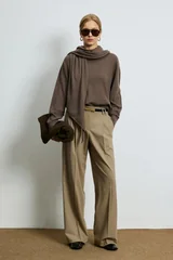 Mary Wool Blend Knit Sweater with Detachable Shawl Detail Light Brown