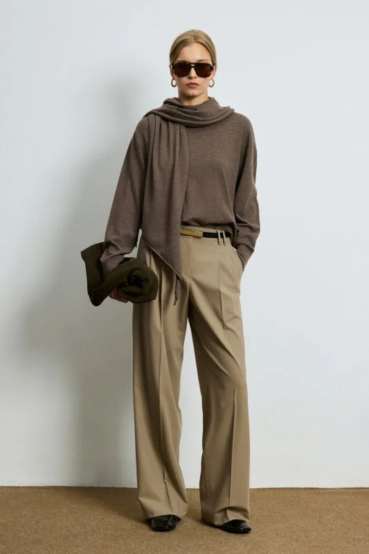 Mary Wool Blend Knit Sweater with Detachable Shawl Detail Light Brown
