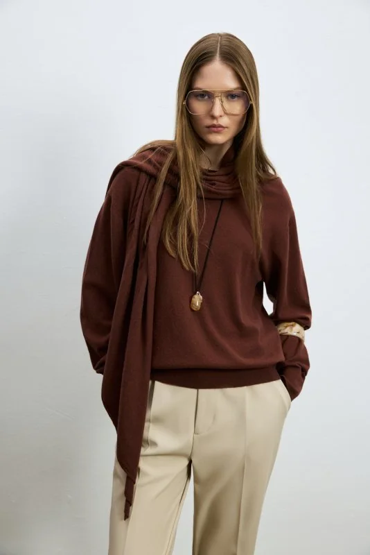 Mary Wool Blend Knit Sweater with Detachable Shawl Detail Terracotta