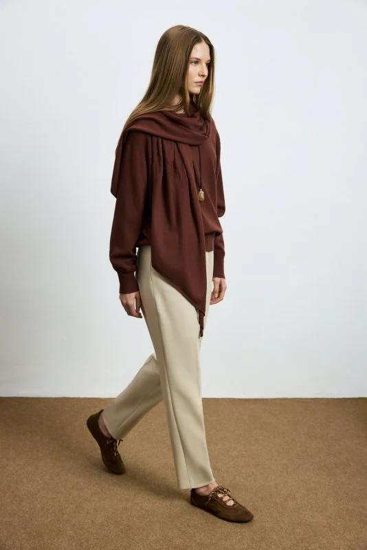 Mary Wool Blend Knit Sweater with Detachable Shawl Detail Terracotta