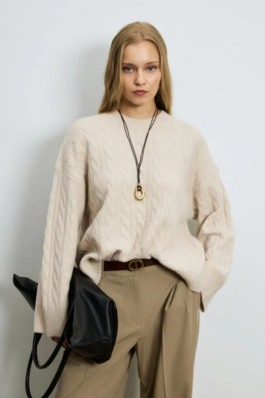 Stella Camel Hair Blend Crew Neck Knit Sweater Dark Ecru