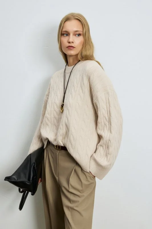 Stella Camel Hair Blend Crew Neck Knit Sweater Dark Ecru