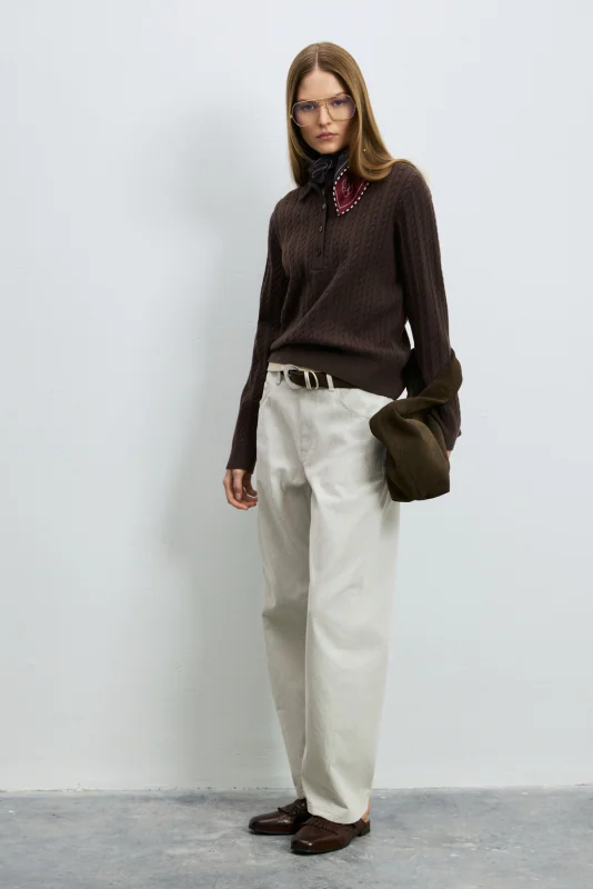 Darla Wool Blend Polo Collar Knit Sweater Brown