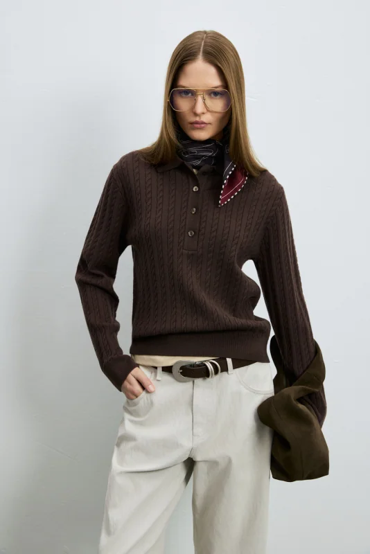 Darla Wool Blend Polo Collar Knit Sweater Brown