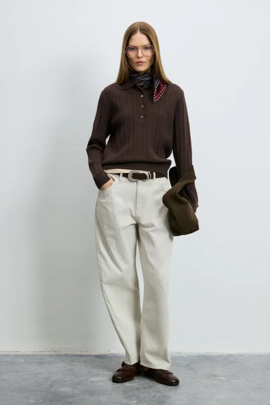 Darla Wool Blend Polo Collar Knit Sweater Brown
