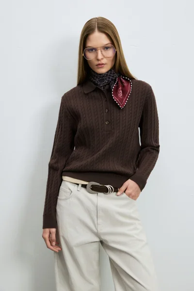Darla Wool Blend Polo Collar Knit Sweater Brown
