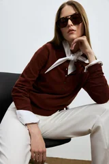Laura Wool Blend Polo Collar Knit Sweater Burgundy