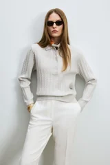 Darla Wool Blend Polo Collar Knit Sweater Stone