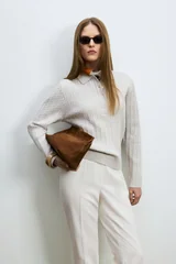Darla Wool Blend Polo Collar Knit Sweater Stone