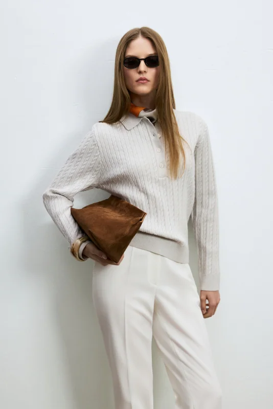 Darla Wool Blend Polo Collar Knit Sweater Stone