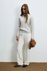 Darla Wool Blend Polo Collar Knit Sweater Stone