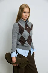Luna Wool Blend Polo Collar Knit Sweater Grey