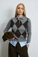 Luna Wool Blend Polo Collar Knit Sweater Grey
