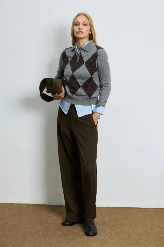 Luna Wool Blend Polo Collar Knit Sweater Grey
