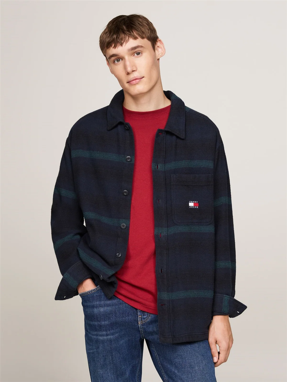 Tommy Jeans Badge Check Overshirt - Green - XS