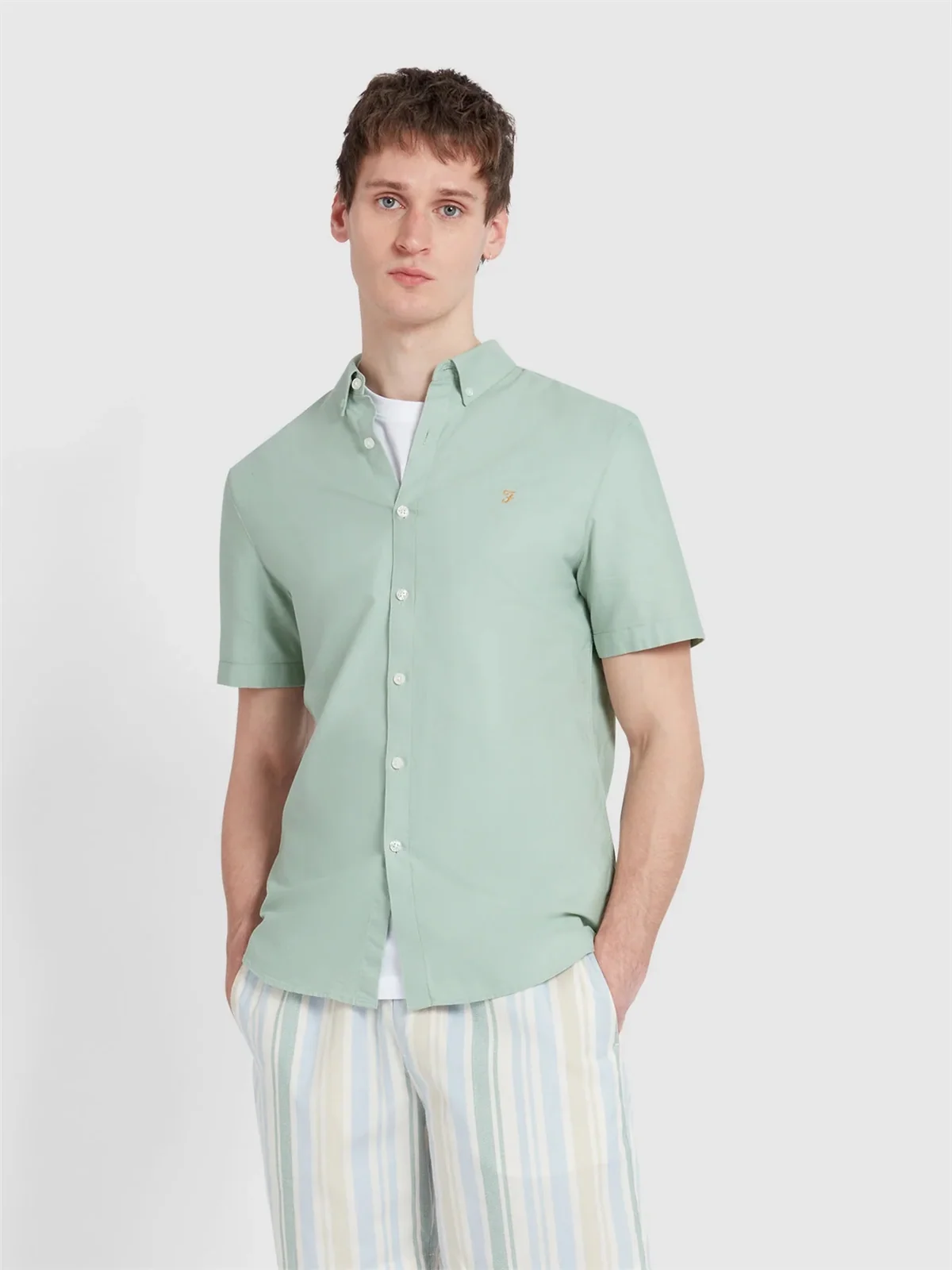 Farah Brewer Short Sleeve Oxford Shirt - Grove Green - L
