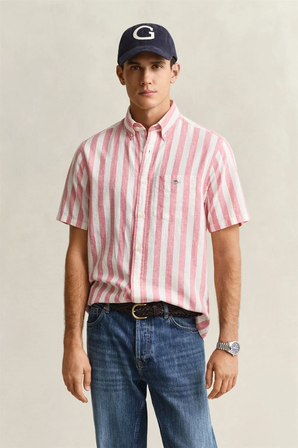 Gant Cotton Linen Stripe Shirt - Pink - 2XL