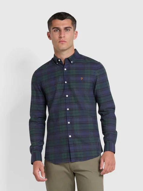 Farah Brewer Slim Fit Check Organic Cotton Oxford Shirt - Green - XL