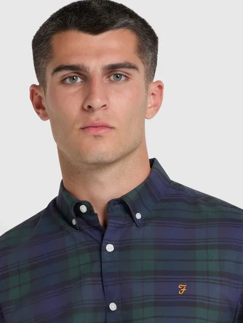 Farah Brewer Slim Fit Check Organic Cotton Oxford Shirt - Green - XL