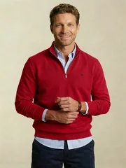 Fynch Hatton Cotton Troyer-Zip Structure Sweater - Red - L