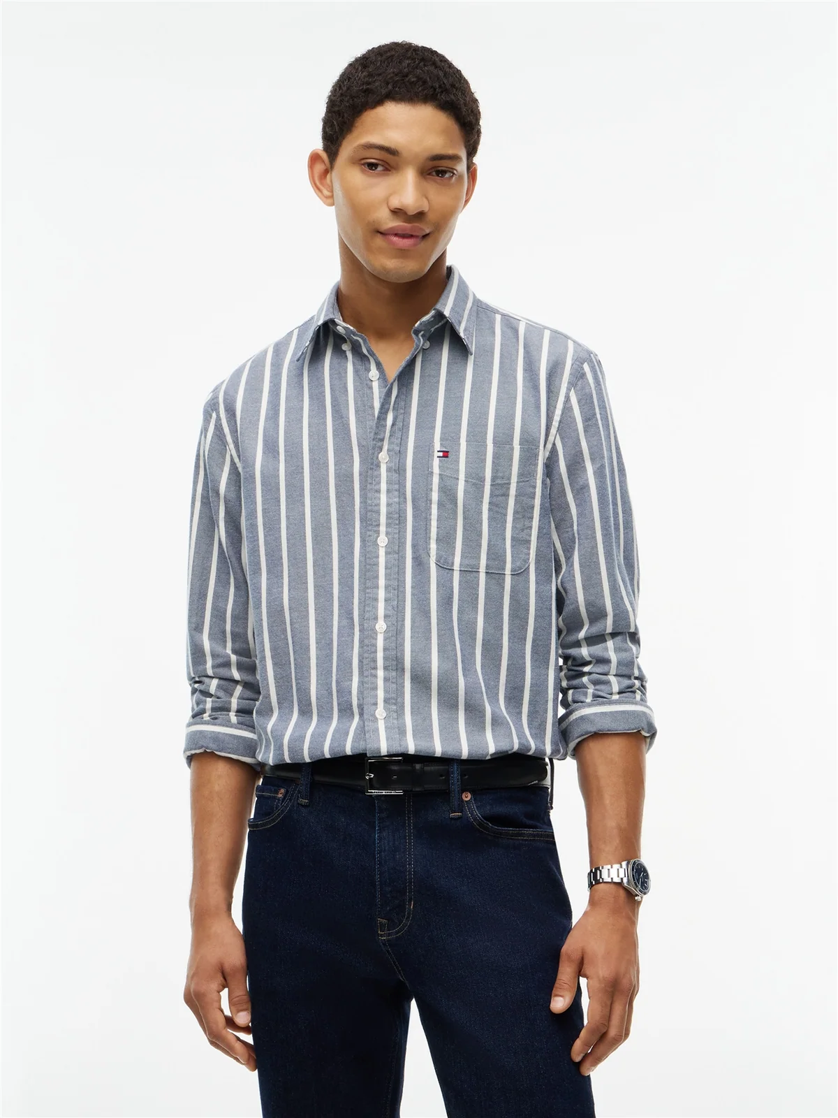 Tommy Hilfiger Regular Fit Brushed Flannel Stripe Shirt - Navy - XL